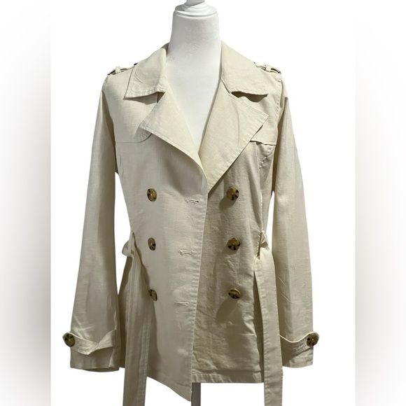 Old Navy Ivory Linen Blend Double-Breasted Tie Belt Jacket Small – Trench Style - Picture 10 of 14